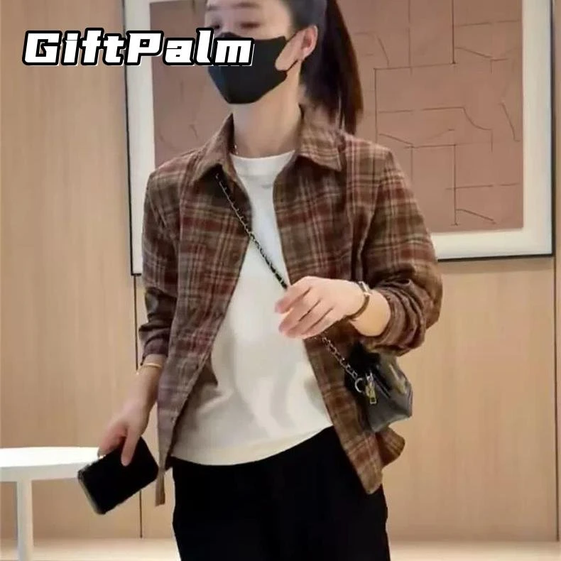 GiftPalm韩版磨毛格子衬衫女长袖秋季新款小个子爆款休闲宽松百搭