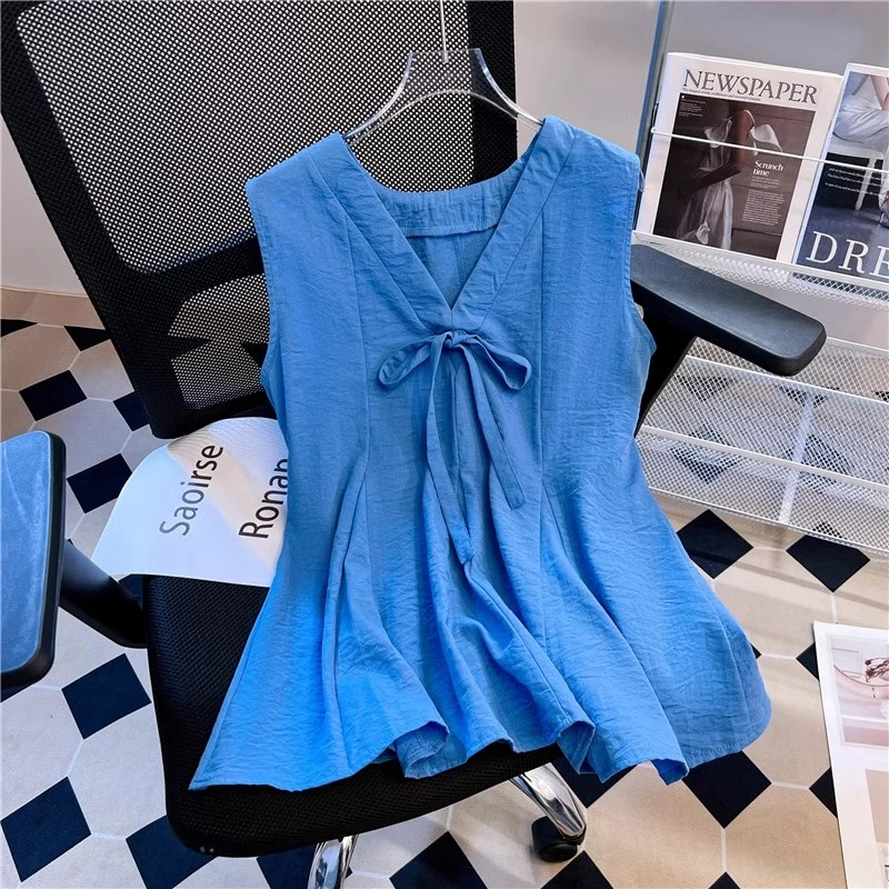好听鸭减龄V领蝴蝶结系带雪纺背心小衫女士夏设计感前后两穿上衣