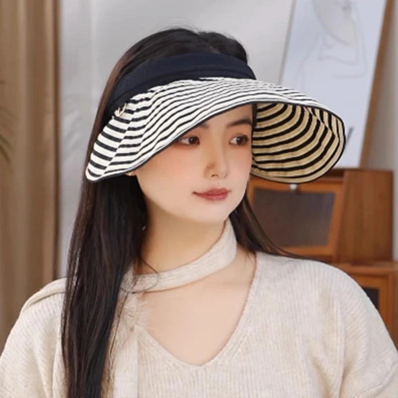 夏天空顶韩版户外遮阳帽子时尚百搭舒适骑车条纹大帽檐防晒防晒帽