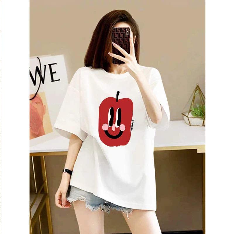 夏季时尚洋气白色苹果印花短袖女小众设计感宽松休闲落肩短袖上衣