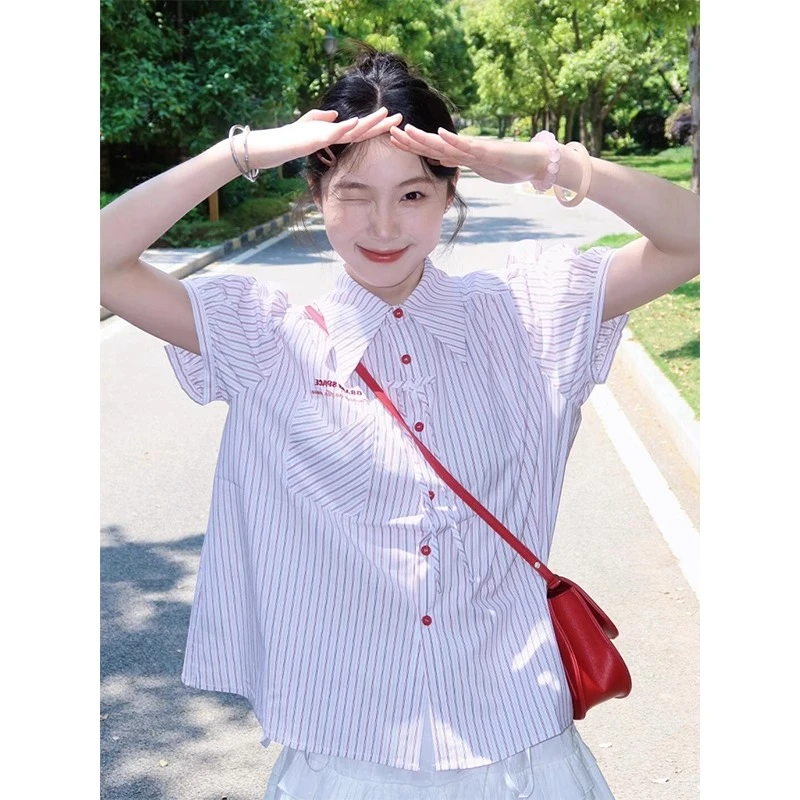 学院风条纹短袖衬衫女夏季miu系穿搭粉色刺绣衬衣外套显瘦宽松