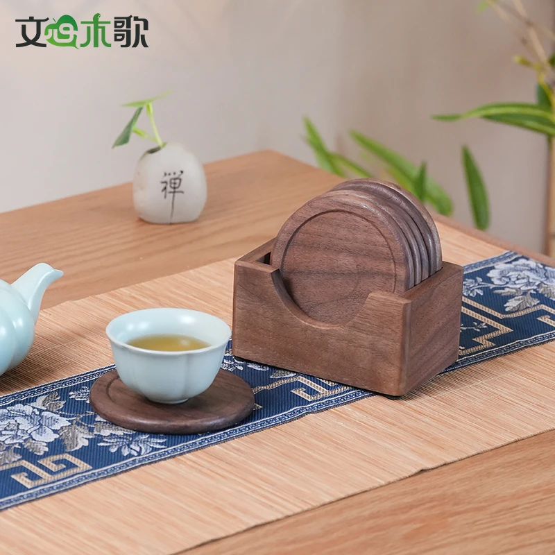 北美黑圆形中式木制餐厅杯垫套装木质家用实木餐桌