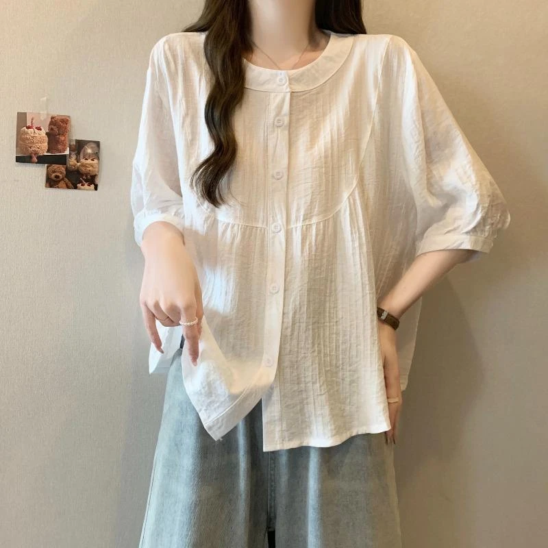 大码女夏季新款高级感减龄宽松雪纺衬衫胖mm遮肚子显瘦七分袖上衣