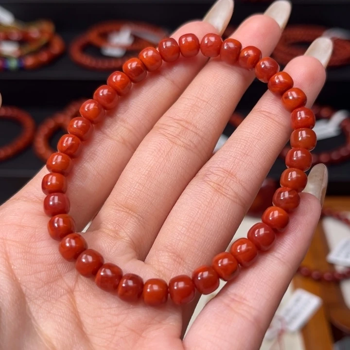 南红玛瑙未镶嵌手链满肉柿子红玫红6mm老型