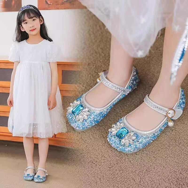 女童爱莎公主水晶皮鞋2025年春秋新款水钻小女孩防滑软底儿童单鞋