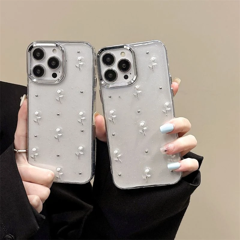 立体银色玫瑰花适用于ura70手机壳matepro透明闪粉滴胶mate70pro