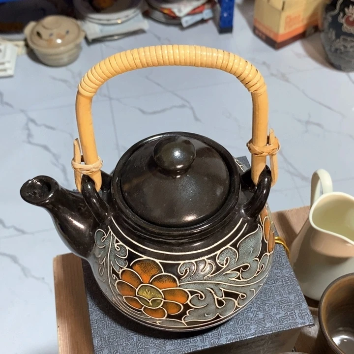 瓷片陶瓷品黑刻提篮壶