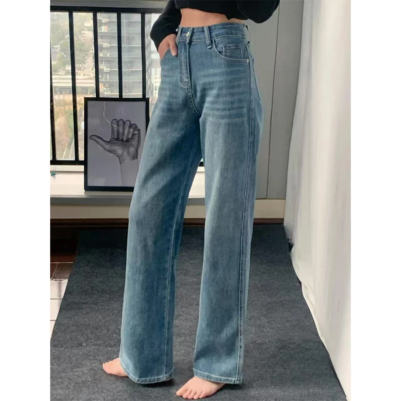 窄版直筒牛仔裤女春秋新款胖妹妹mm梨形身材高腰宽松小个子阔腿裤