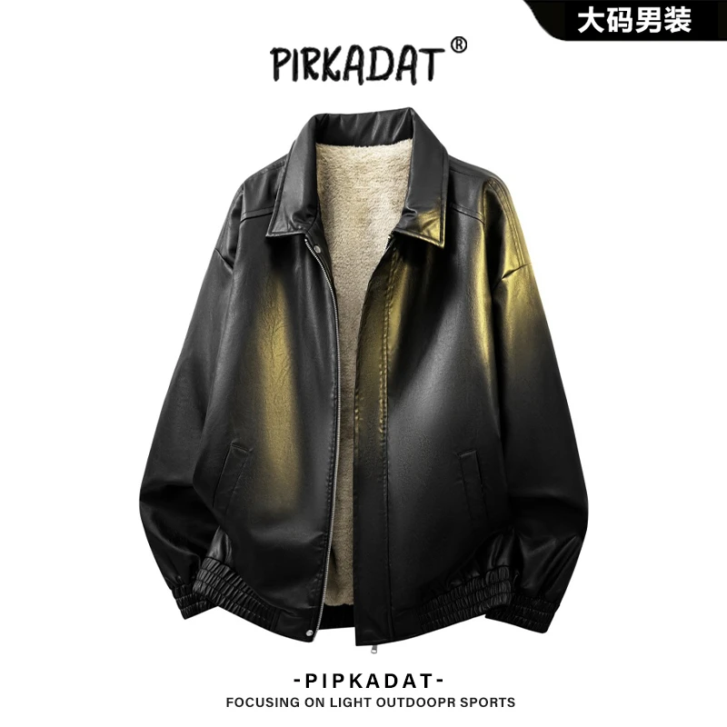 Pirkadat冬季新款翻领加绒皮衣潮流宽松保暖外套美式休闲男士上衣