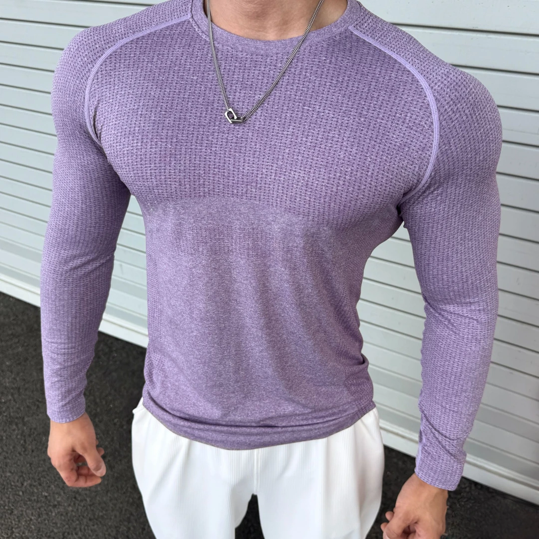 美式无缝提花运动长袖秋季纯色速干训练健身弹力修身圆领上衣T恤