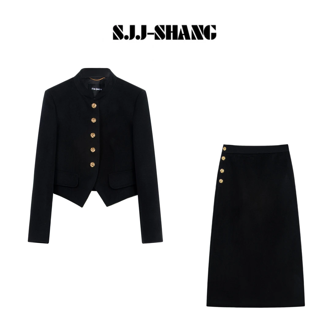 SJJ-SHANG【秋野系列】25早秋重磅黑色羊毛+羊绒精裁短外套q135565p