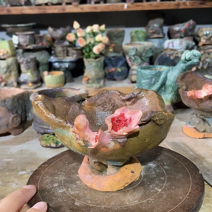 手工粗陶透气花盆8