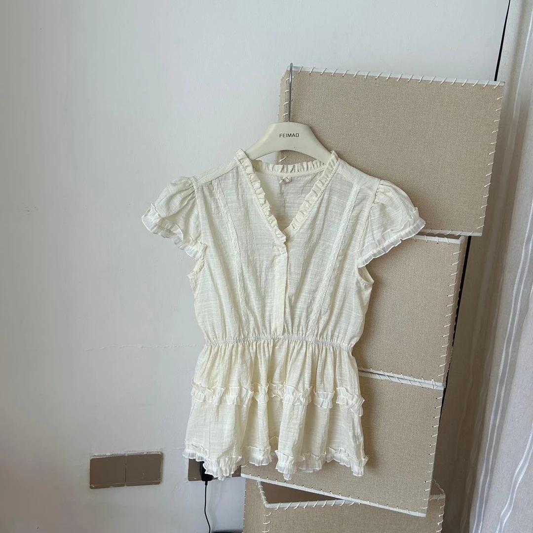 赵小小【少女情结】竖条纹木耳边拼接收腰纯欲甜美短袖衬衫26713