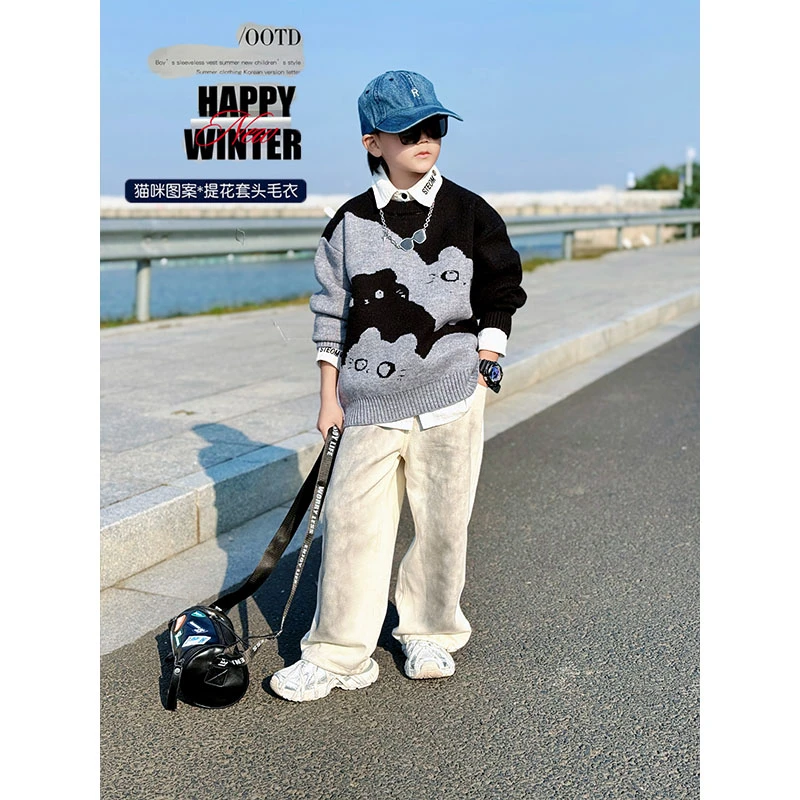 男童新款简约个性潮酷针织衫中大童猫咪提花撞色毛衣冬季保暖上衣