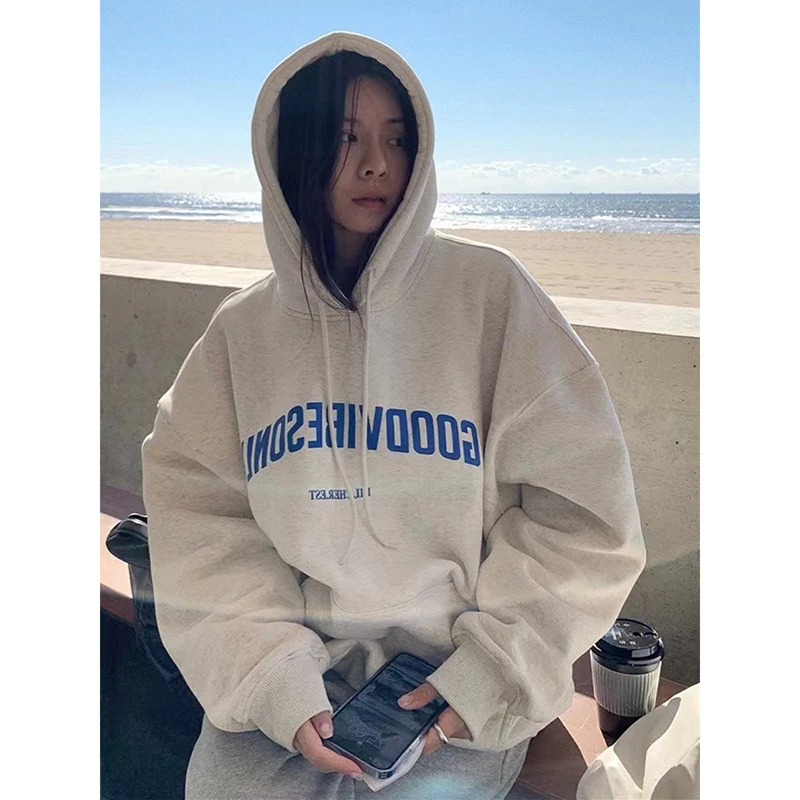 胖mm300斤潮春秋薄款新款oversize连帽白灰卫衣女宽松慵懒风上衣