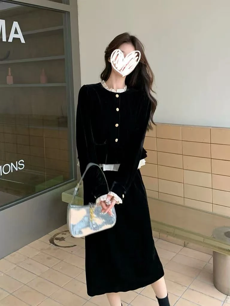 时尚套装A字裙常规中长裙单排多扣连衣裙气质长袖秋季女装两件套