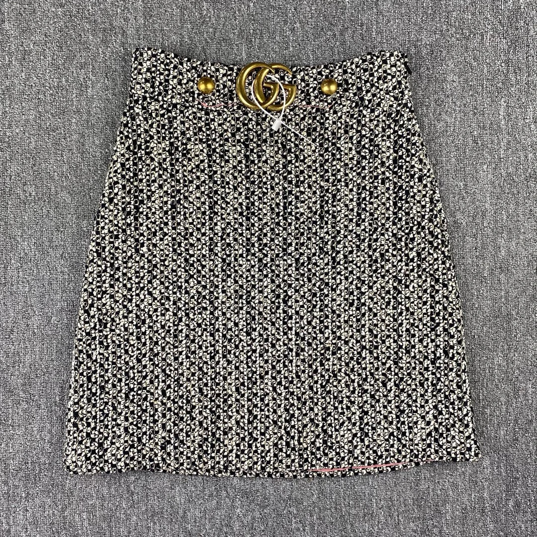 99新 GUCCI/古驰 251094/40码/双G金属扣饰粗花呢短裙