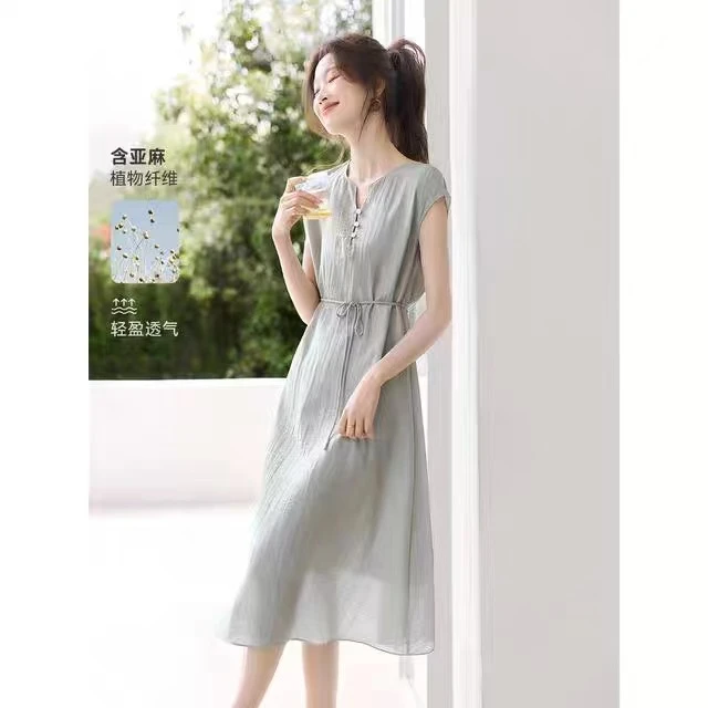 含亚麻度假气质长裙2025夏季新款舒适轻薄透气清冷系禅意衣服裙子