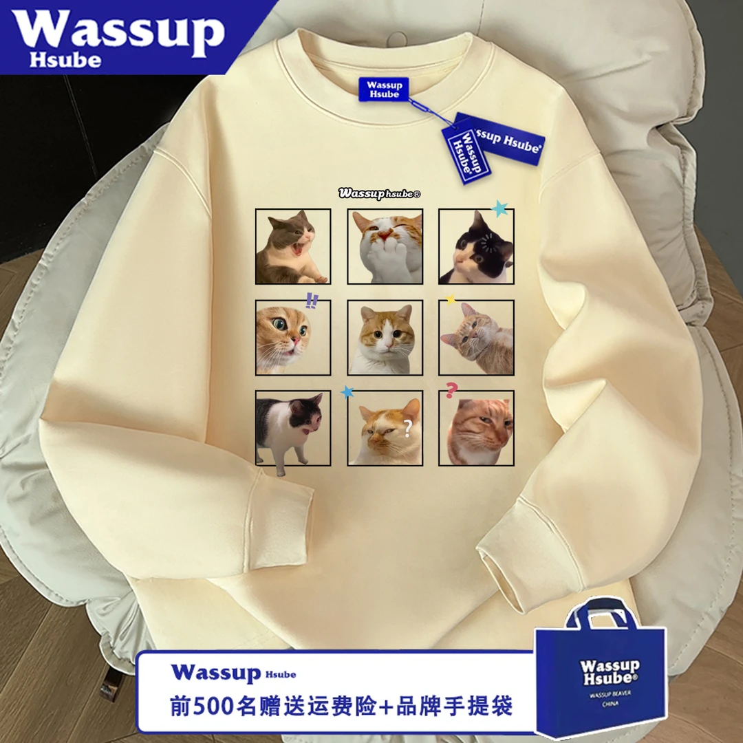 WASSUP HSUBE潮流美式百搭长袖秋冬表情包猫休闲宽松印花情侣上衣