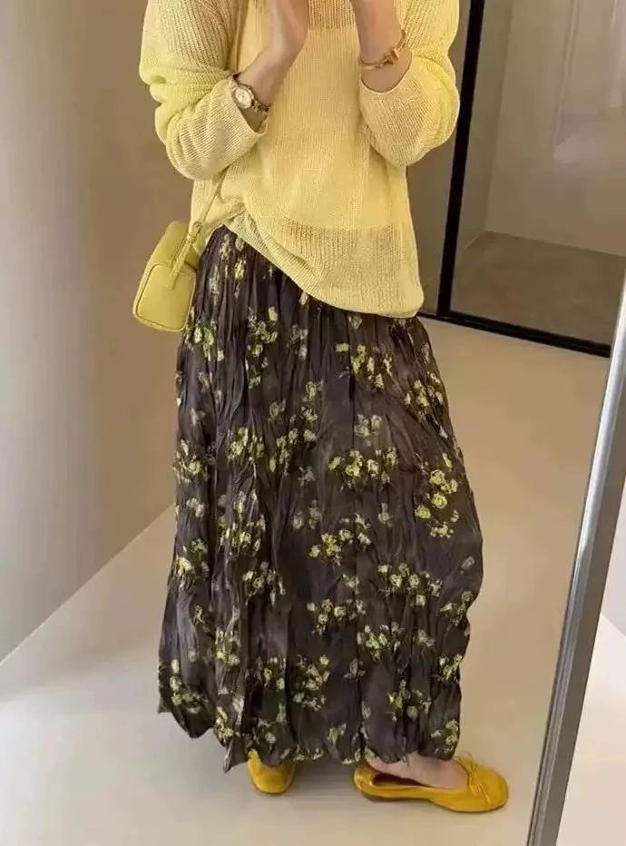 夏季褶皱碎花法式度假风松紧腰设计女半身裙长裙女