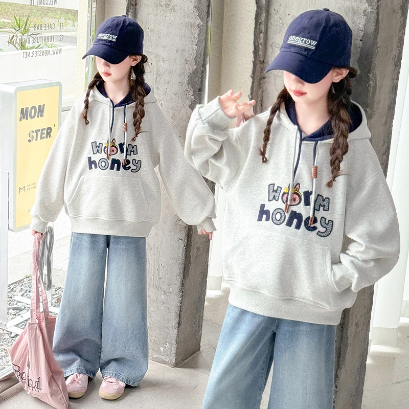 女童连帽卫衣秋2025大儿童洋气衣服女孩秋装韩系字母刺绣长袖上衣