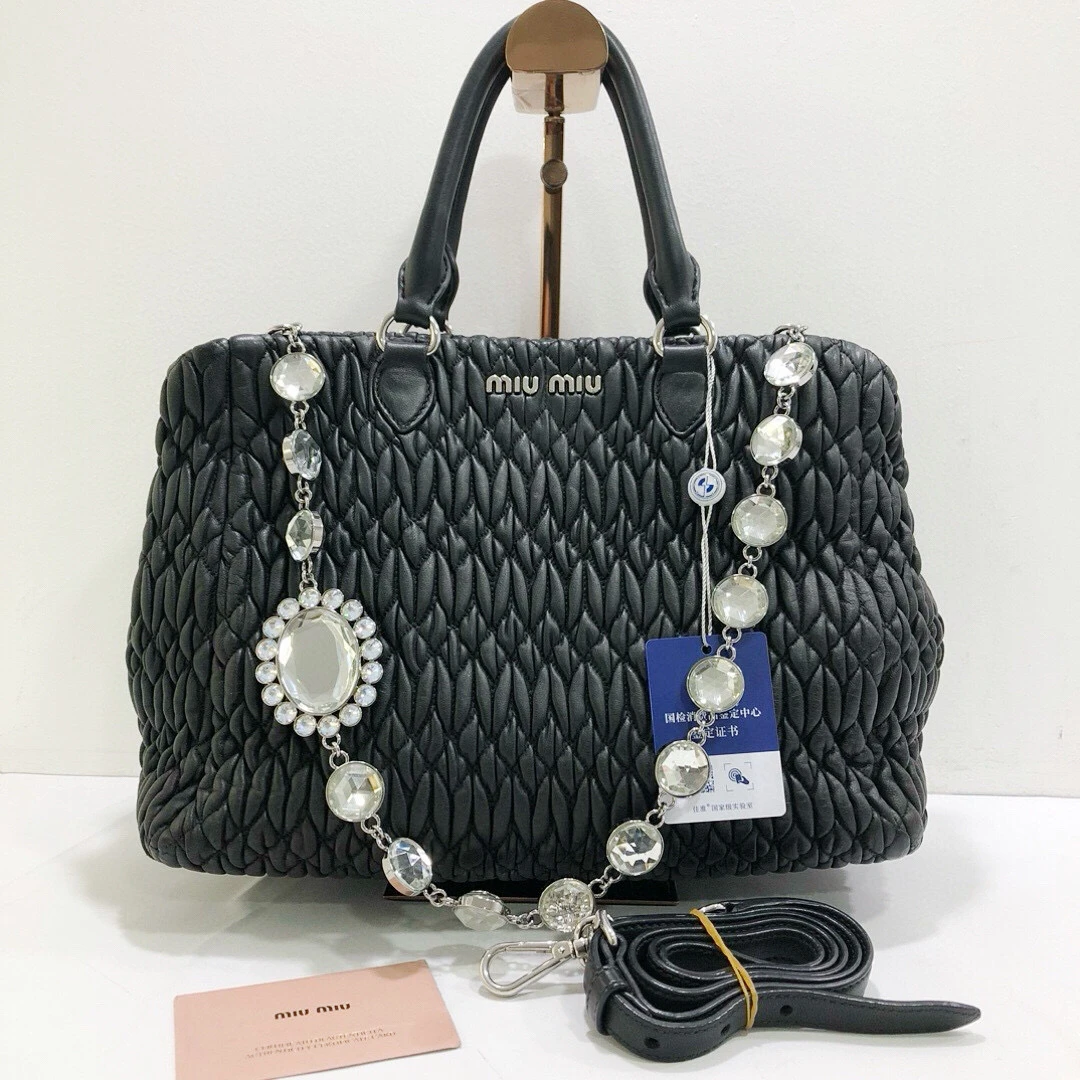 95新 MIU MIU/缪缪 黑银全皮褶皱宝石链手提单肩斜挎包