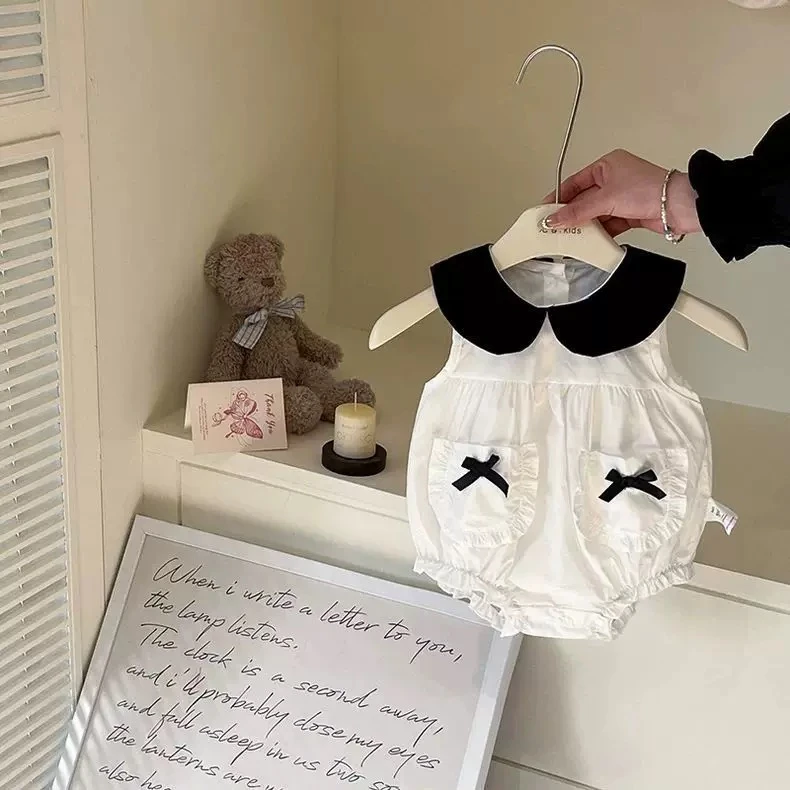 黑色蝴蝶结婴儿衣服夏季薄款连体衣哈衣女宝宝公主洋气包屁衣无袖