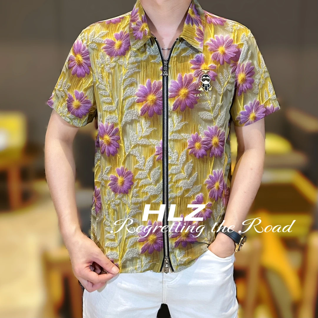 2025夏季新款男士时尚休闲薄款菊花图案双拉链修身翻领短袖衬衫