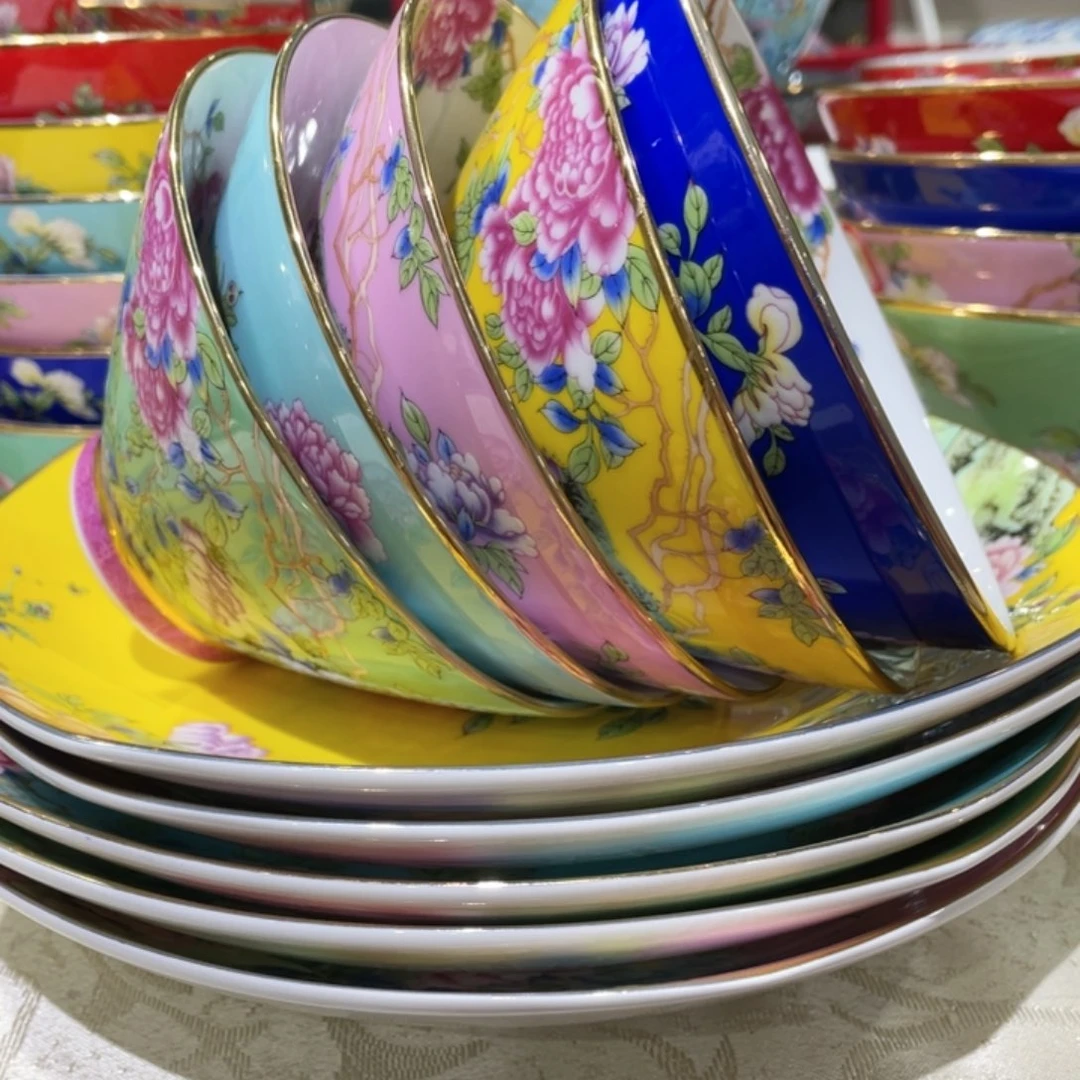 珐琅景德镇陶瓷六碗六盘，蓝色碗盘各两，碗五寸，盘八寸