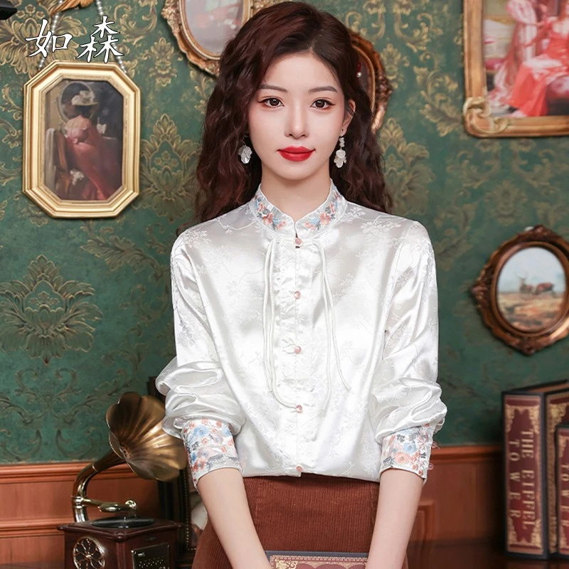 国风提花刺绣立领真丝衬衫女春季2025新款新中式别致减龄气质上衣