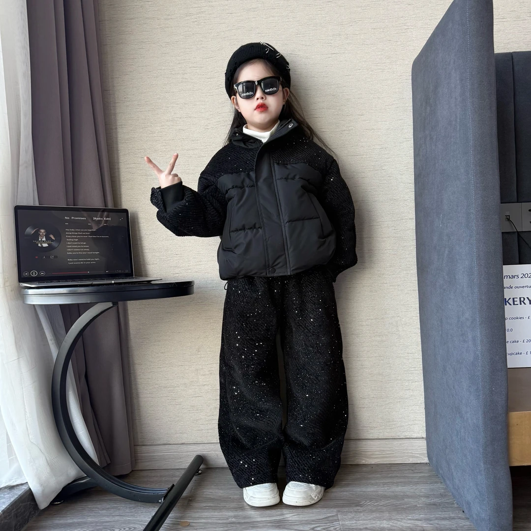 女童冬季时髦洋气韩版加厚撒银拼接棉衣套装中大童女孩加厚阔腿裤