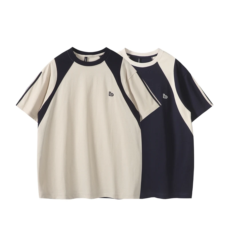 解构撞色拼接刺绣logo短袖T恤男女夏季宽松重磅纯棉上衣-T553