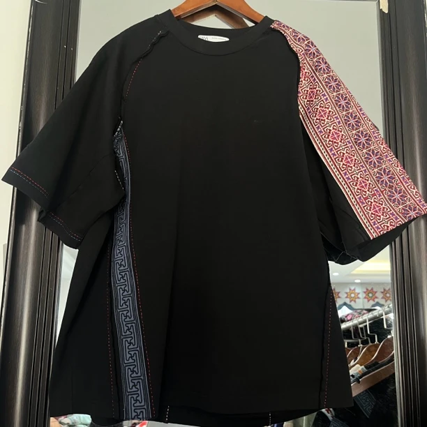 黑色刺绣短袖国风民族风设计师T恤潮流复古拼接