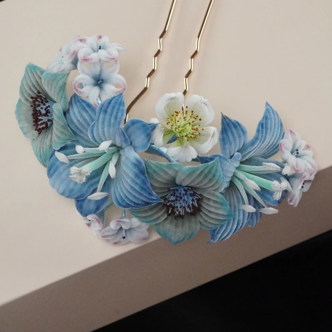 雍容微蓝牡丹环形 非遗绒花发夹南京绒花日常旗袍发簪大气