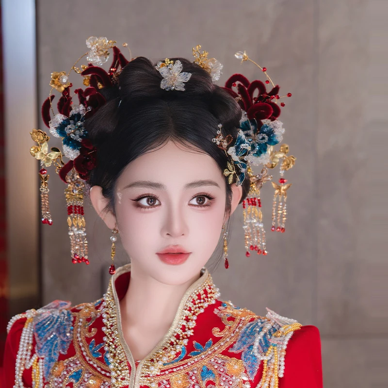 合金婚庆饰品 新娘头饰红色绒花发簪古典汉服秀禾结婚发饰品D0467