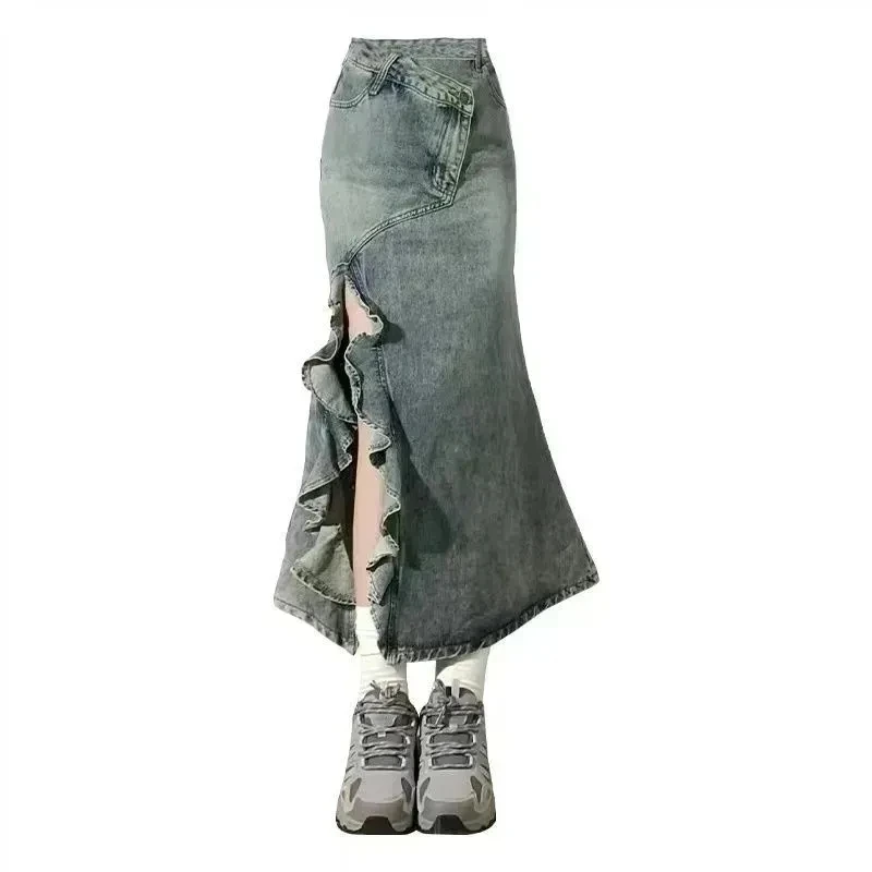 鱼尾不规则开叉牛仔半身裙女复古蓝花边波浪高腰小个子辣妹包臀裙