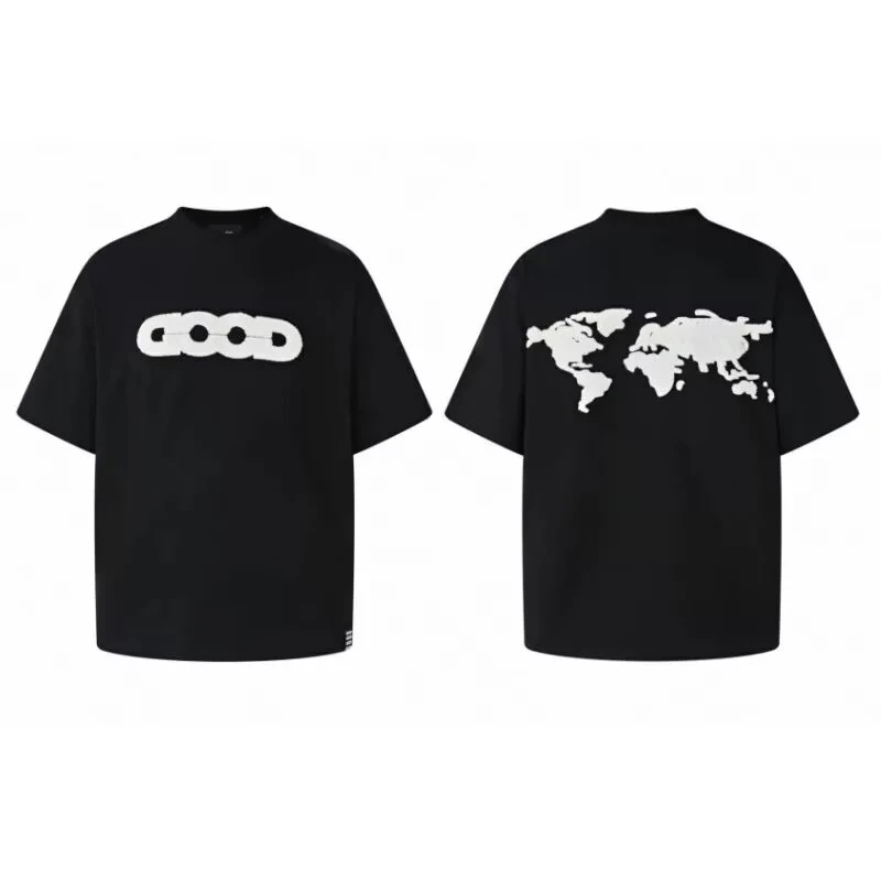 宽松运动印花经典男子地球提花湿毛巾绣圆领T恤