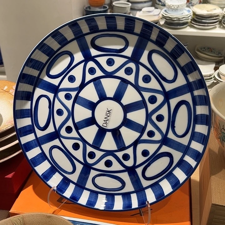 山***语瓷蓝色手绘大圆盘一个