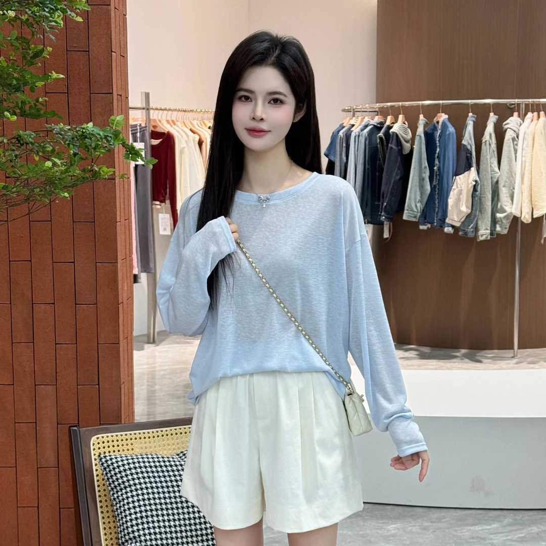 宿慕SUMU 纯色圆领套头罩衫5-13夏季2025新款百搭防晒长袖T恤2173