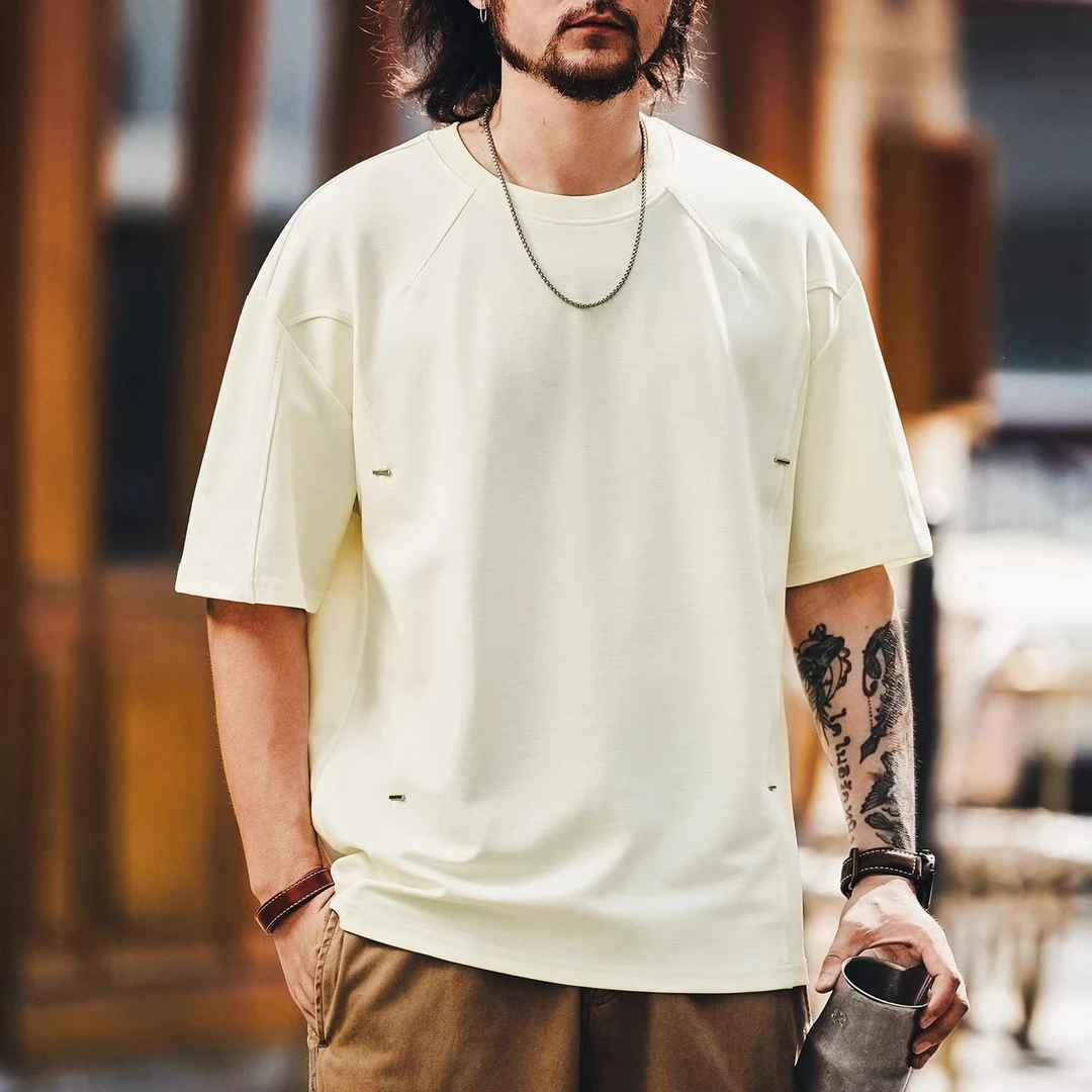 高端美式潮牌拼接短袖T恤男士夏季新款设计感半袖圆领大码体恤衫