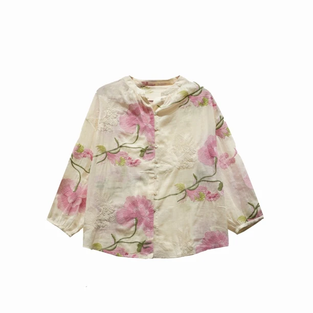 【国色天香】重工刺绣法式复古长袖衬衫120支加捻苎麻宽松上衣25166