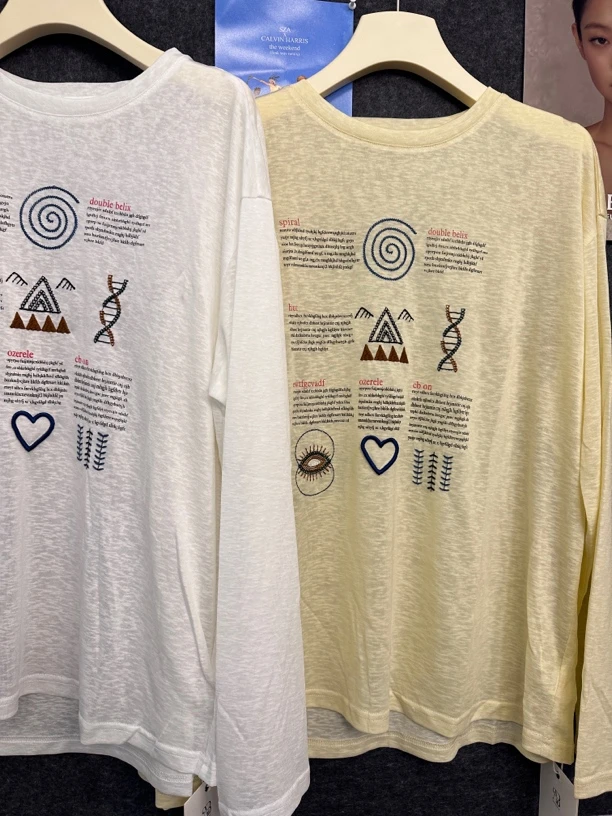 春夏女士时尚刺绣字母印花宽松长袖T恤百搭洋气上衣