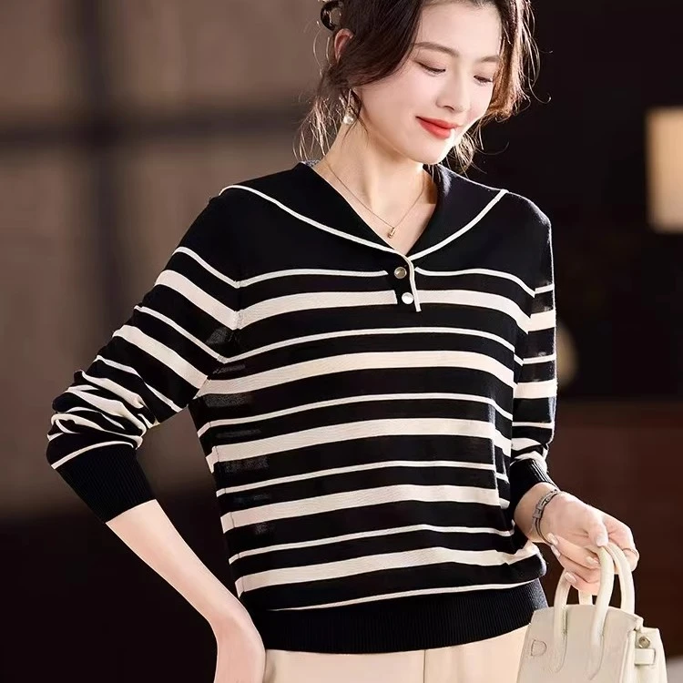 春季新款韩版时尚百搭显瘦条纹针织衫女海军领长袖打底毛衣上衣
