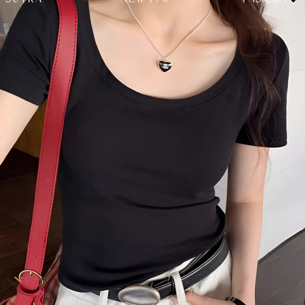 夏季新款2024年修身短款打底衫女性感甜辣妹低圆领修身短袖T恤女