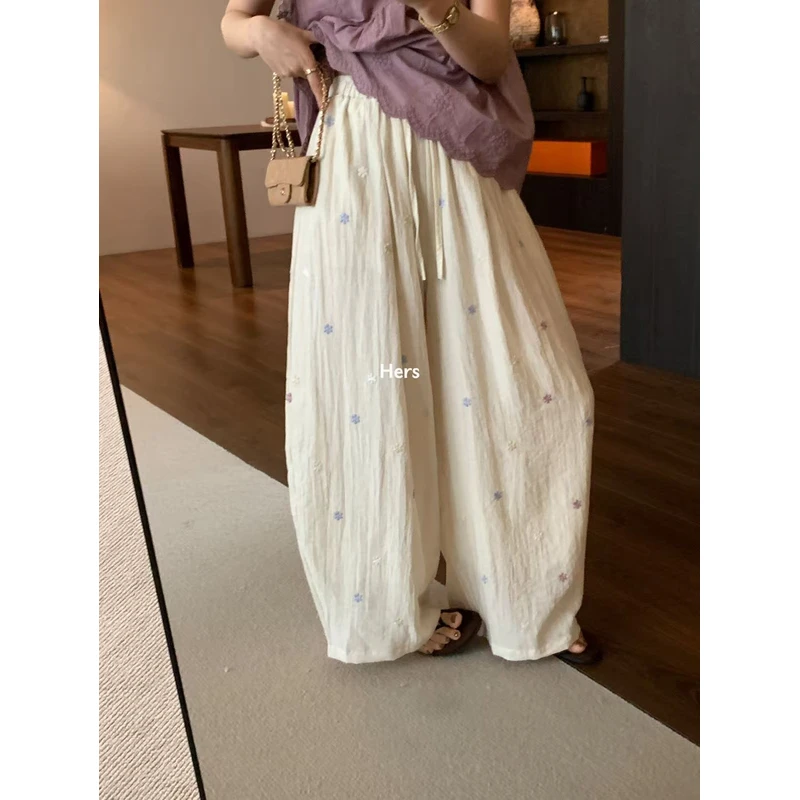 （6-8运贴）慵懒感花朵刺绣气球裤夏季韩系松紧系带休闲阔腿裤女