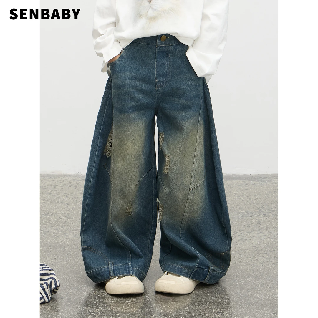 【现货】senbaby女童牛仔裤秋季个性版型复古做旧磨破弯刀牛仔裤