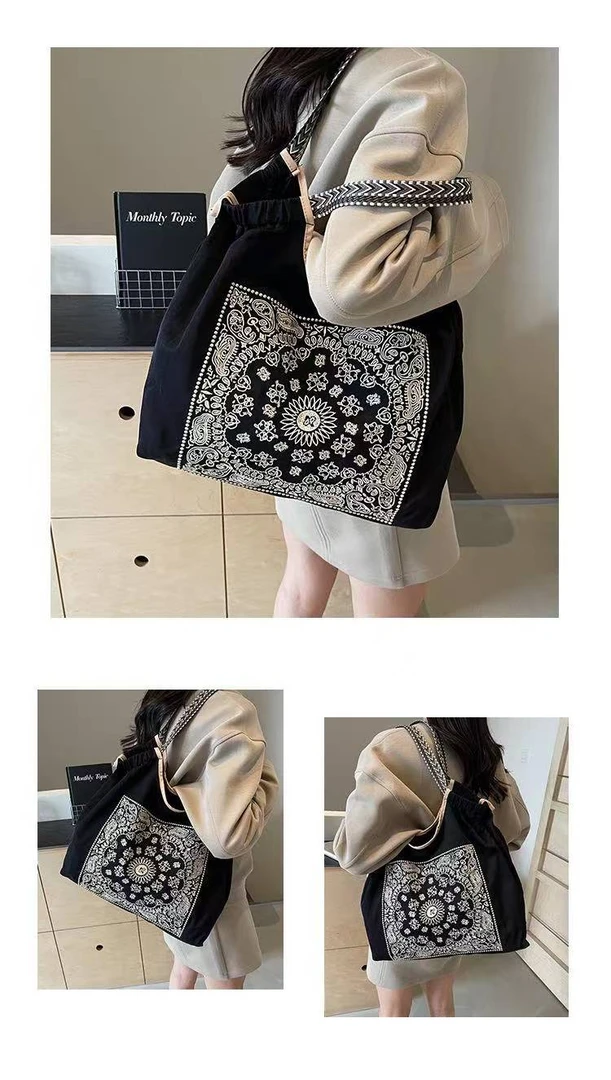 Z891 日系包包女刺绣购物袋手拎包防水黑色