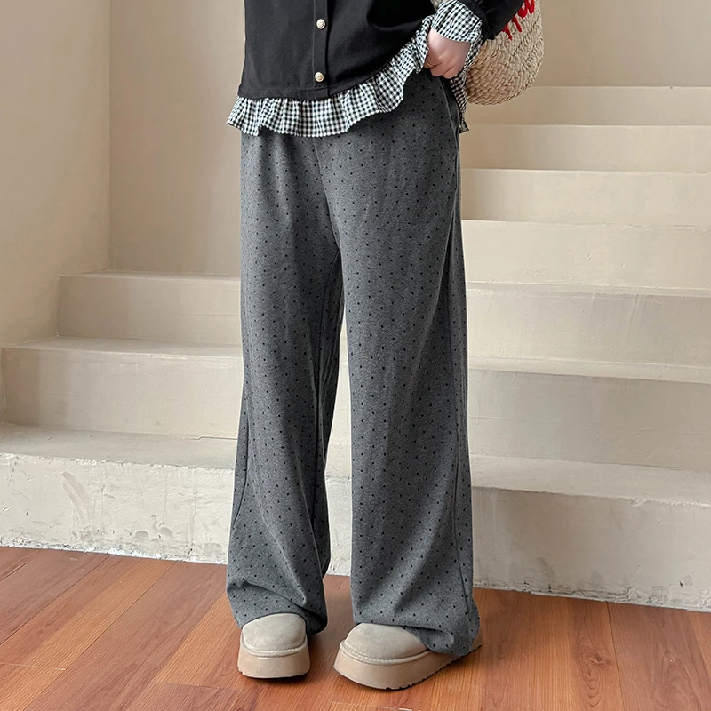 DC7059大码女装【大长腿系列】三种裤长选韩系撞色波点直筒休闲裤子