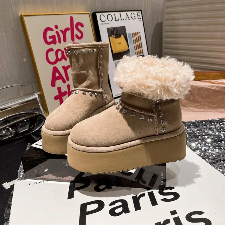 水钻毛毛鞋翻领两穿2025冬新款小个子8cm雪地棉靴短靴厚底松糕女