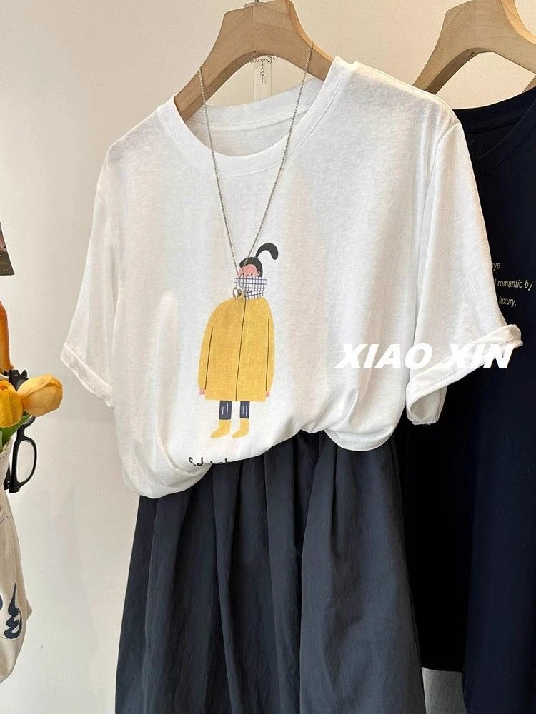 大码胖妹妹240斤设计感印花圆领白T恤女短袖宽松大版休闲显瘦上衣